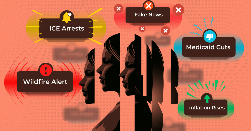 illustration of split side profile of woman with news alerts around her