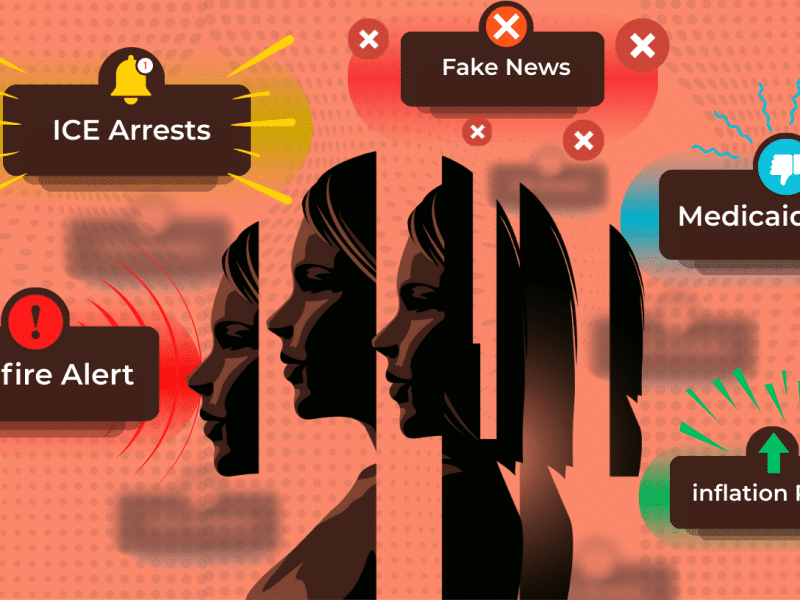 illustration of woman side profile fragmented and news alerts around her