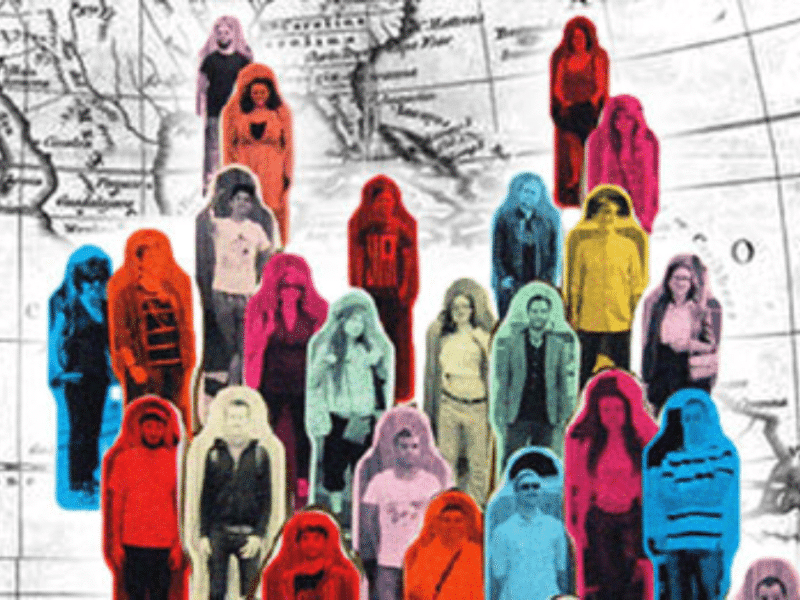 collage of cutouts of people over map