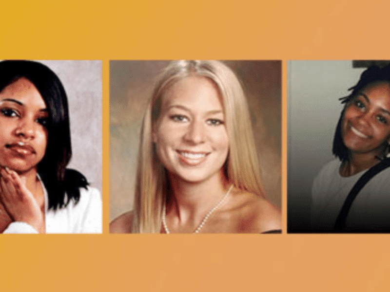 3 portraits of girls over an orange background