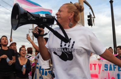 protestor with megaphone