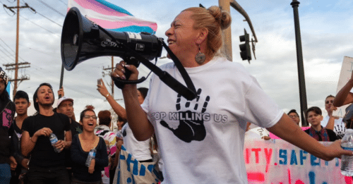 protestor with megaphone