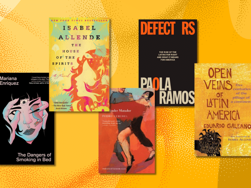 five book covers arranged over a yellow background