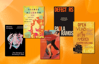 five book covers arranged over a yellow background