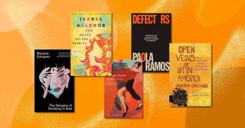 five book covers arranged over a yellow background