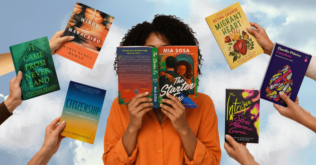 design of woman holding book surrounded by hands holding books