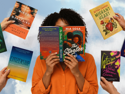 design of woman holding book surrounded by hands holding books